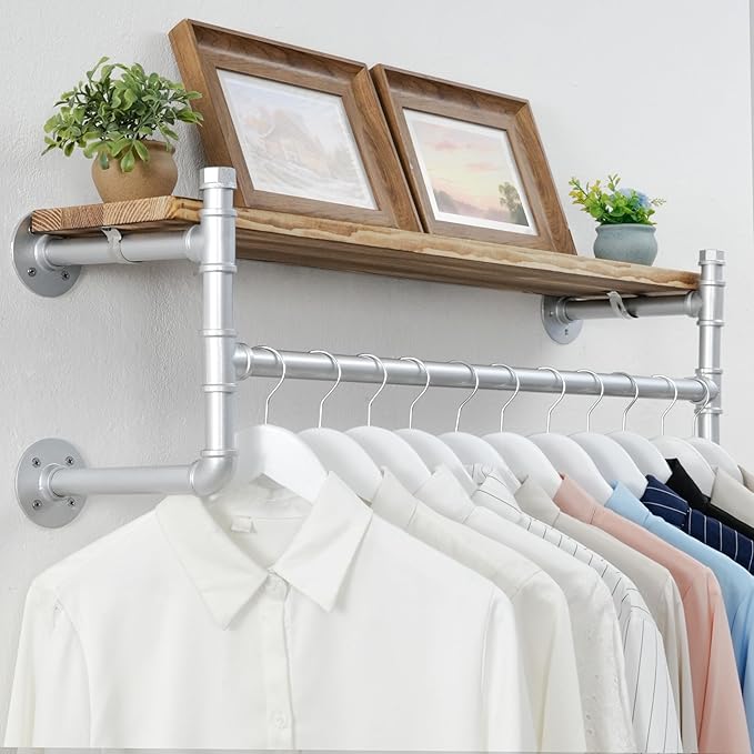 WEBI Wall Mounted Clothes Rack with Shelf,32" Industrial Pipe Clothing Rack with Shelf with Hanging Rod,Heavy Duty Iron Garment Rack Bar,Retail Display Clothes Rod for Laundry Room,Closet,Silver