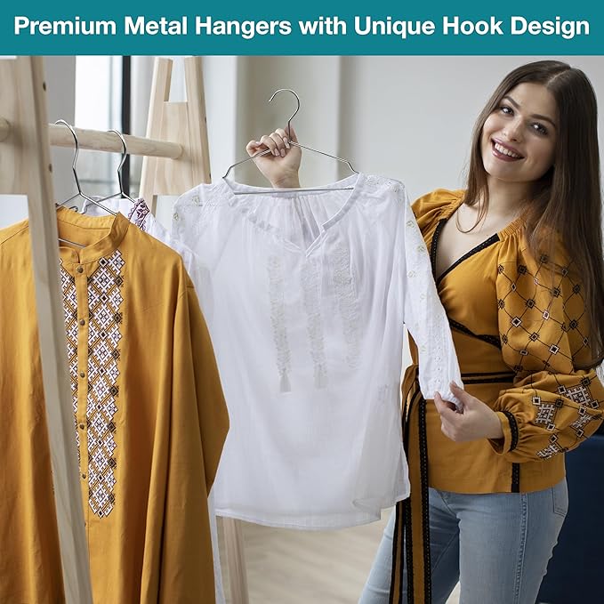 Heavy Duty Metal Hangers with Unique Hook Design Durable & Sturdy Coat Hangers 4mm Thick Withstands 25lbs Weight Smooth Finish Compact Shirt Hangers - 40 Pack Chrome