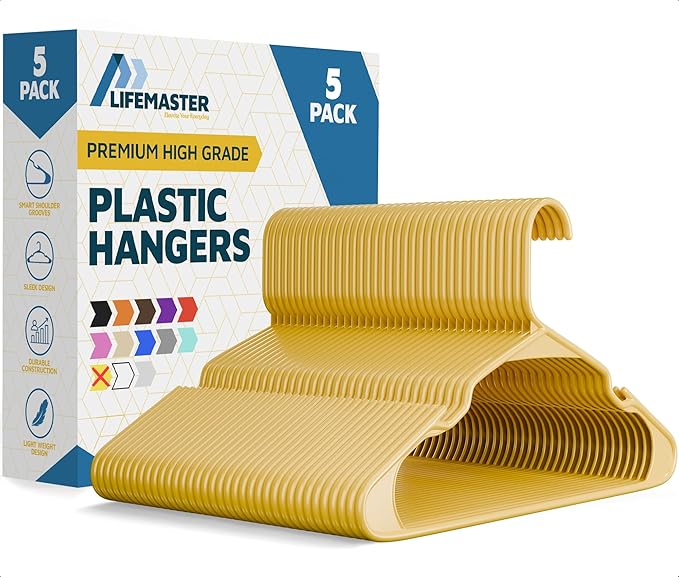 Lifemaster Plastic Clothes Hangers – Heavy Duty Hanger Set, for Organizing Clothes, Dresses, and Coat, Holds Up to 5 lbs, Space-Saving Hangers with Non-Slip Shoulder Grooves, Pack of 5, Yellow