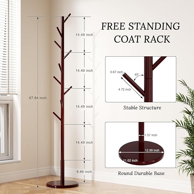 Wooden Freestanding Coat Tree with 4 Height Options and 9 Hooks, Sturdy Coat Rack Stand for Clothes/Bags/Hats, Easy Assemble Save Space Coat Rack for Entryway, Bedroom, Office, Narrow Place (Brown)