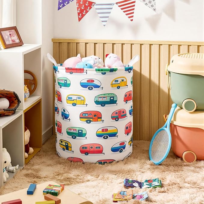 Toddler Boys Laundry Basket Foldable With Handles Car Pattern Boys Toy Storage Bin Nursery Laundry Hamper Clothes Storage Bucket Cars Decor for Kids Room (Car, 43L)