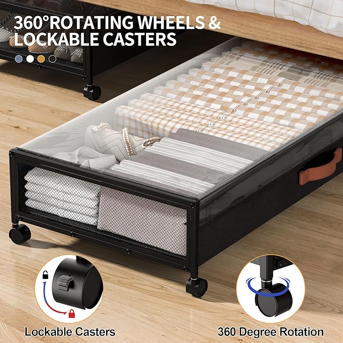 Under Bed Storage Containers with Wheels Large Underbed Shoes Blankets Clothes Toy Storage Drawers for College Dorms Bedrooms Nursery Rooms Organization (Black 2 Pack, 7.5in height(36"x16.6"x7.48"))