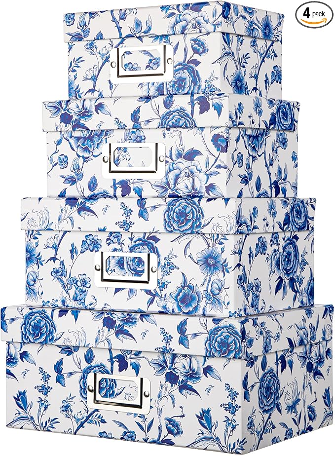 Briful Blue and White Porcelain Storage Boxes with Lids, Set of 4 – Chinoiserie Decorative Nested Card Photo Storage Box Organizer, Paperboard Box for Closet, Office, Gifts