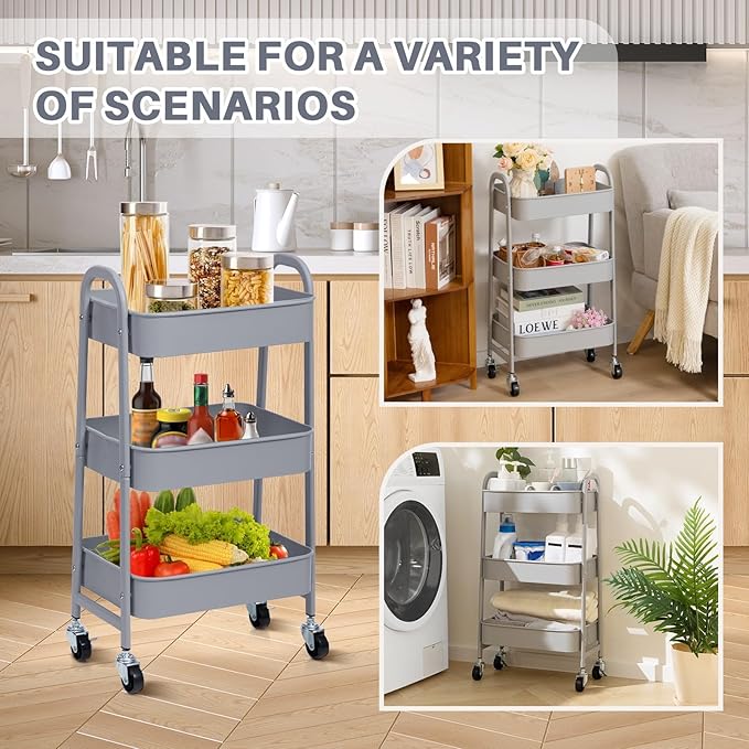 AGTEK 3 Tier Utility Rolling Cart with Lockable Wheels, Metal Multifunctional Storage, Organizer Cart for Kitchen, Office, Living Room, Makeup, Craft, Art Studio, Grey