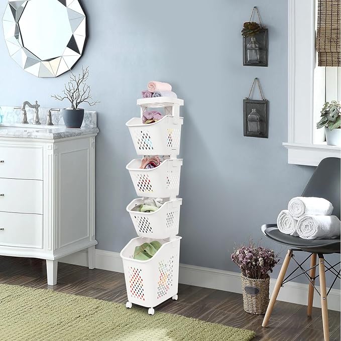 4-Tier Rolling Laundry Hamper, Plastic Laundry Cart Organizer with Wheels, Compact Laundry Baskets, Vertical Rolling Laundry Sorter for Small Space, Dorm, Bathroom
