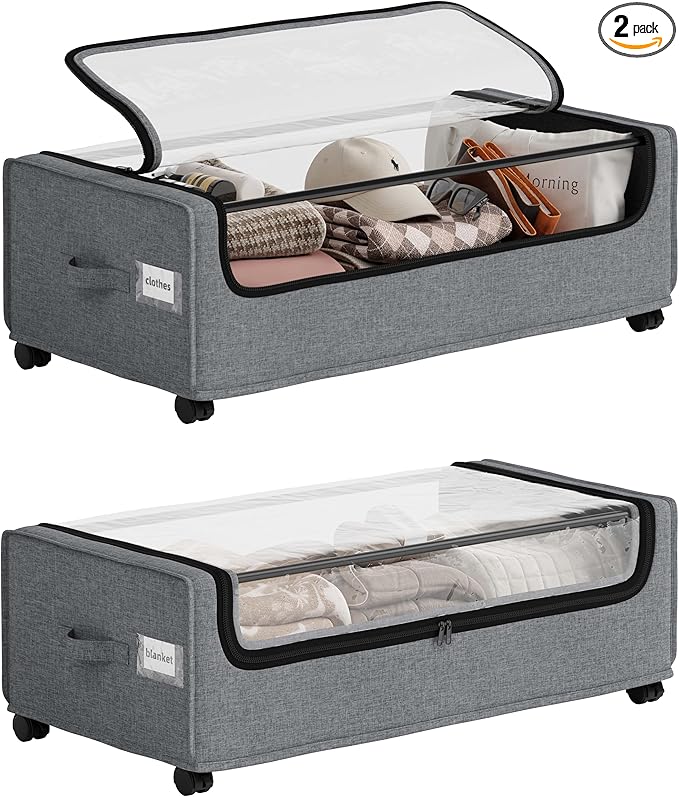Under Bed Storage With Wheels, Tall Under The Bed Storage, Underbed Storage Containers With Lids, Metal Frame, 90L Capacity, Large Size