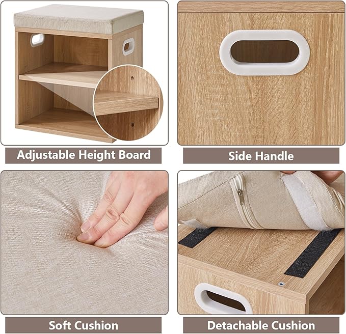 YMYNY Small Shoe Storage Bench with Cushion, 2 Tier Entryway Bench with Storage, Shoe Rack Bench for Entryway, Living Room, Hallway, Closet, Bedroom, 15.4L*11W*16.54H, Light Natural UHBD028R