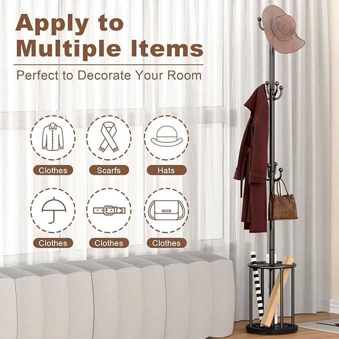 Coat Rack Freestanding, Coat Rack Stand with Umbrella Holder, Coat Tree, Coat Hanger Stand with 12 Hooks for Clothes Bag Hats, Hat Rack Hall Tree Coat Hanger Umbrella Stand for Entryway