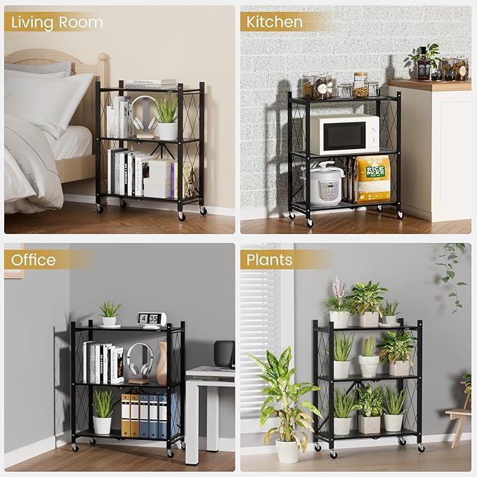 ALANNG Heavy Duty 3-Tier Folding Shelf with Wheels, No Tools Assembly Metal Storage Rack Cart for Kitchen, Pantry, Laundry Room, Garage, Black
