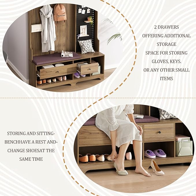 All-in-One Design Hall Tree with Removable Linen Cushioned, Entryway Bench, Coat Rack, Storage Shelves, DIY Pegboard, 4 Hooks, Multi-Purpose Hall Tree for Hallways Living Room