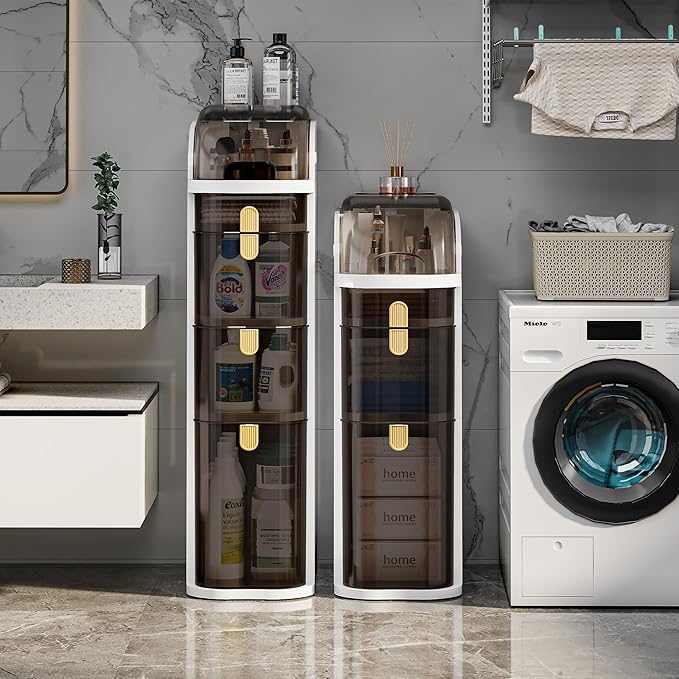 4-Tiers Slim Bathroom Storage Cabinet with Drawers & Tissue Box,Plastic Narrow Rolling Bathroom Tower Cart Waterproof & No Installation for Small Spaces Kitchen Laundry Living Room