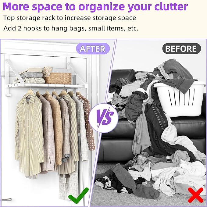 Over The Door Clothes Hanger with 2 Hooks, Stainless Steel Over The Door Hangers for Clothes with Storage Rack, Clothing Hanger Drying Racks for Laundry, Washroom, Fits Door Up to 1.77", White