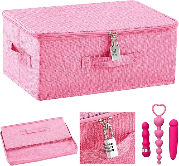 Discreet Lockable Toy Bag Storage Organizer Toy Bag Storage Bins Case with Zipper Lid for Women and Men Clothes Container(Pink,15 x 10 x 6.3 Inch)