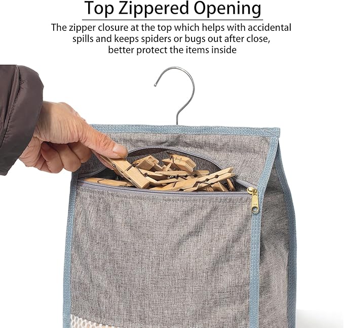 Laundry Clothespin Bag for Clothesline Outdoor, Clothes pin Bag with Zipper Closure, Large Opening, Large-Capacity Clothespin Storage Organizer with Hooks, Use YKK Zipper（Grey