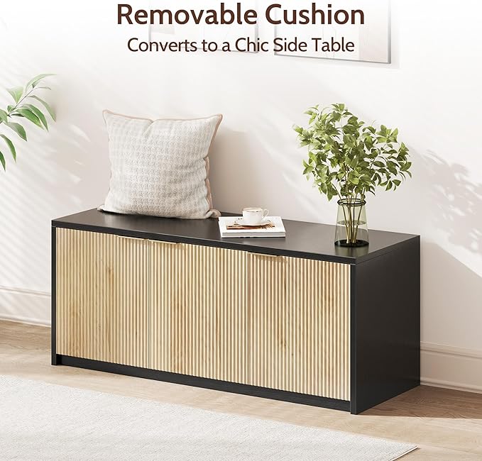 2-Tier Shoe Storage Bench with 3 Doors & Adjustable Shelf, Removable Padded Seat Cushion, 41.3" Entryway Bench for Living Room, Bedroom, Hallway – Wood Grain & Black Modern Farmhouse Design
