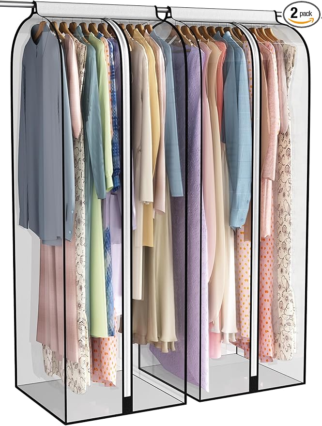 22” Gusseted Garment Bags for Hanging Clothes, All Clear Clothes Cover for Closet Storage, Wardrobe Coat Protector for Suit, Shirt Long Dress, Bottom Enclosed, 2 Pack, 60” Long