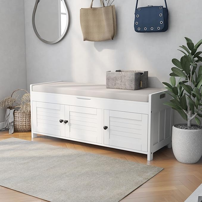 SOFTSEA Upholstered Storage Ottoman with Removable Cushion, Wooden Entryway Bench with 3 Shutter-Shaped Doors and Hidden Storage Space, Shoe Bech for Entreyway, Living Room, White with Beige Cushion