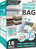 Space Saver Storage Bags, (2 Jumbo/2 Large/3 Medium/3 Small/6 Roll) Compression Vacuum Sealer Bags for Comforters, Blankets, Clothes Storage, Hand Pump Included, 16 Pack