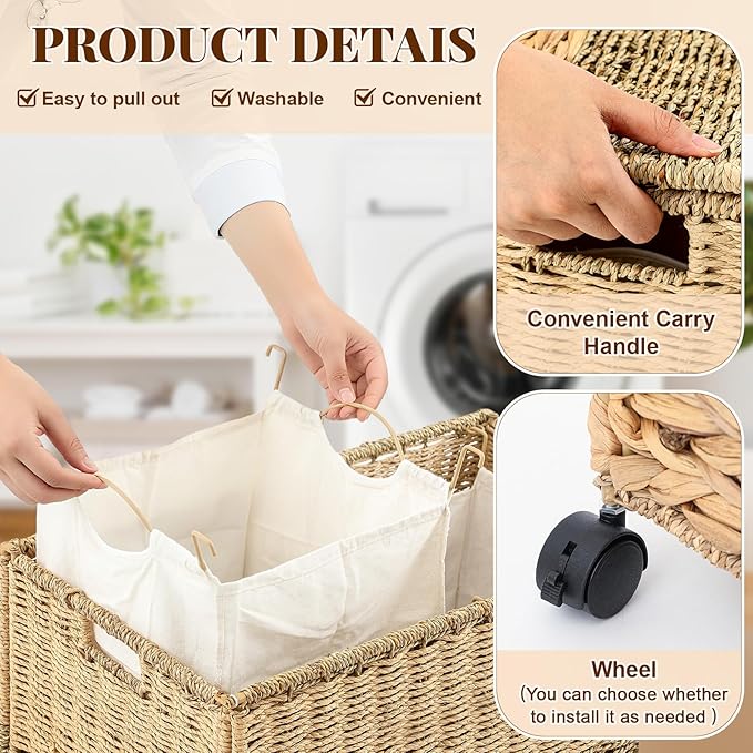 120 L Rolling Wicker Laundry Basket with Wheels Laundry Hamper with Lid Decorative Woven Hamper with Washable Removable Liner Bags and Handles for Clothes Natural Water Hyacinth (2 Sections)