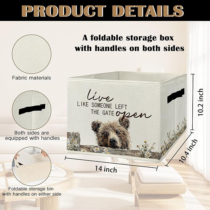 Rustic Bear Storage Bins & Boxes with Handles, Farmhouse Bear Foldable Basket for Organizing, Live Like Someone Left the Gate Open Collapsible Storage Basket for Bedroom Bathroom Clothes Toys