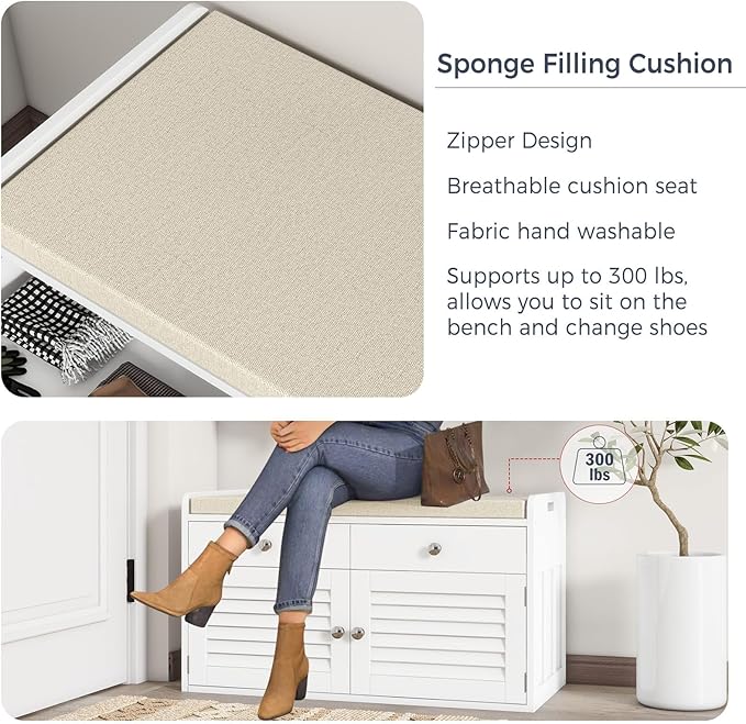 Shoe Storage Bench with Cushion, Shoe Bench, Padded Seat, 2 Drawer Storage, Entryway, Hold up to 300lbs, 15.8 x 32.29 x 18.1 Inches, White