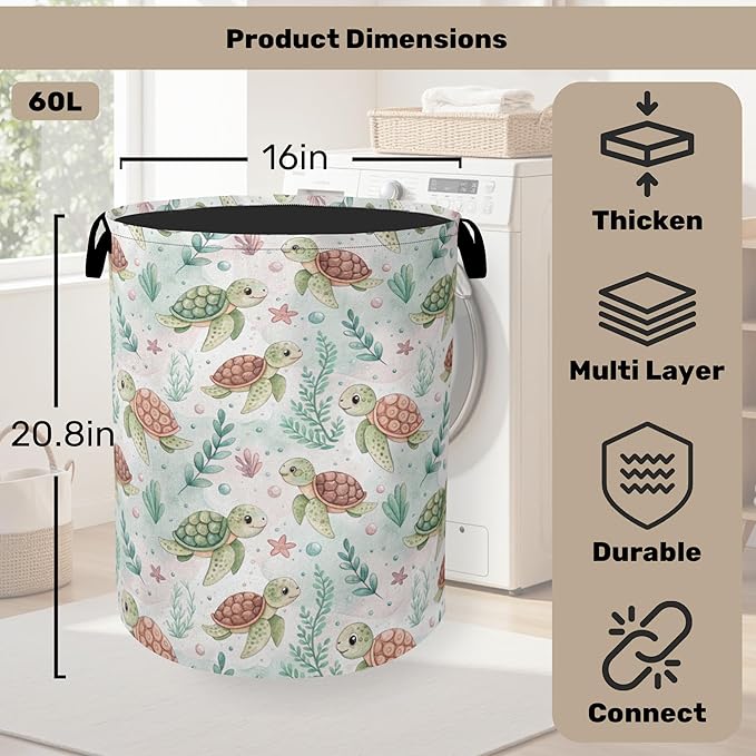 Cartoon Turtle Large Clothes Hamper Bag - Laundry Basket with Handles, Space Saving Foldable Design for Nursery