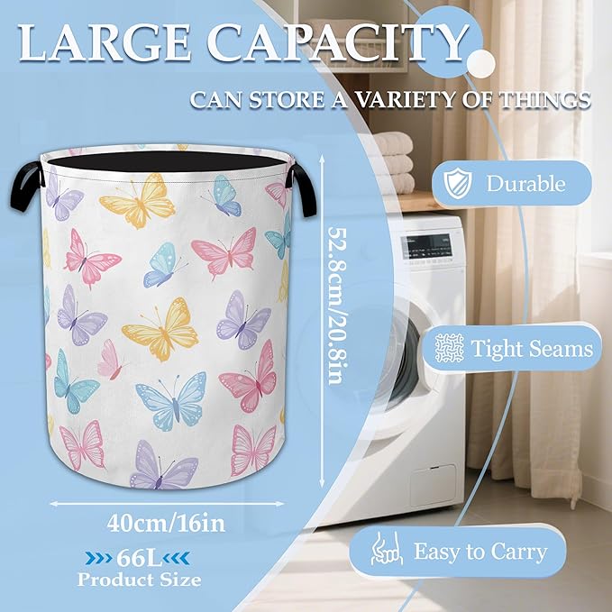 Colorful Butterfly Laundry Basket Collapsible Laundry Hamper Oxford Clothes Toy Storage Bin for Bathroom Bedroom Room Decor 16 X 20.8 Inch