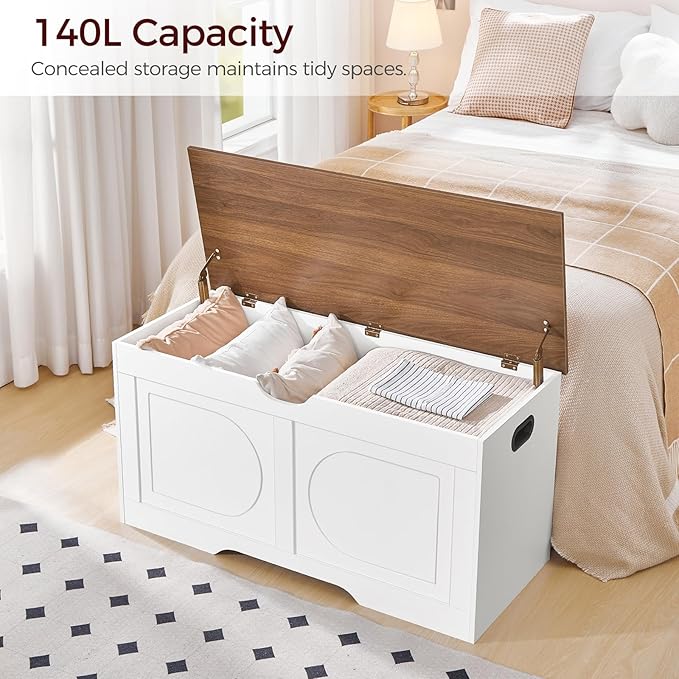 Storage Chest, 39.4” Toy Box, Entryway Storage Trunk, Shoe Bench with Storage, Engineered Wood Storage Cabinet with 2 Safety Hinges, Entrance Bench for Living Room, White + Walnut SCBZ2001