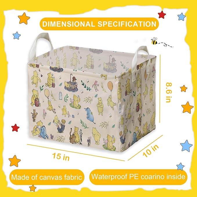 Winnie baby Stuff，Winnie Storage Nursery Basket, Large squarecanvas Laundry Hamper With A Waterproof PECoating, Foldable, Bathroom and Bedroom SetClothes ,Toys Bin, Baby Nursery HamperDecor
