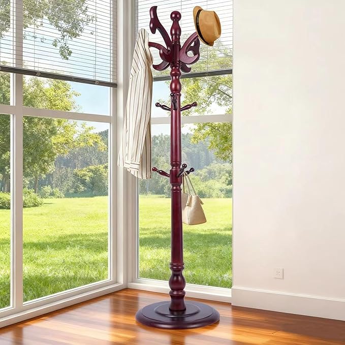 73" Wooden Freestanding Coat Rack，Easy to Adjust, Easy to Assemble for Children, Youth,Coat Rack Stand With Adults，18 Hooks and Round Solid Wood Base for Entrance Hallway Office Living Room (fishtail)