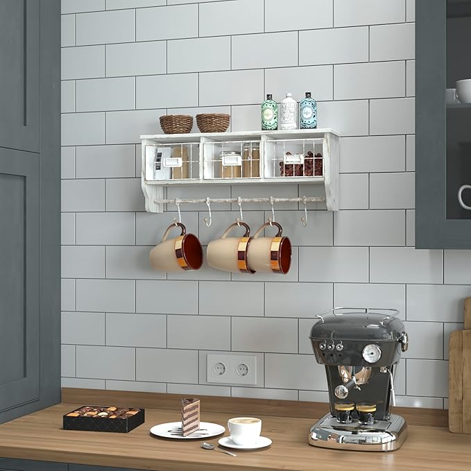 Flash Furniture Daly Wall Mounted Storage Rack - Whitewashed Solid Pine Wood - 24 Inch - Upper Shelf - 5 Hooks - Wire Baskets - For Entryway, Kitchen, Bathroom