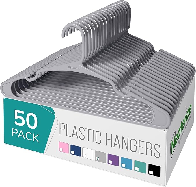 NEATERIZE Clothes Hangers Plastic 50 Pack for Adults - Plastic Hangers, The Perfect Coat Hanger and Space Saving Clothes Hangers for Closet, Percheros Ganchos para Colgar Ropa Hangars - Grey Hangers