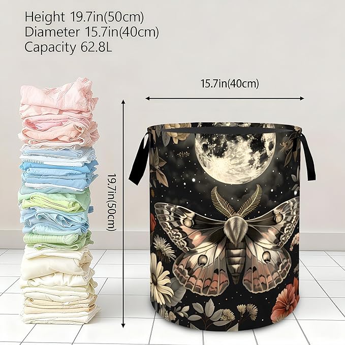 Mystical Moth and Moon Laundry Basket,Dirty Clothes Hamper,Retro Insect Floral Storage Bin Gifts,Foldable Waterproof Oxford Cloth Baskets for Bedroom,Bathroom,Home Decoration(19.7" x 15.8")