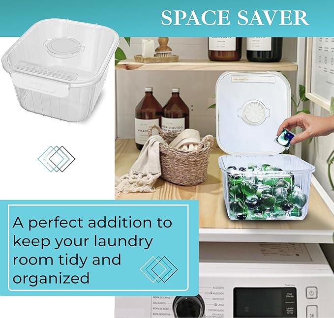 Skywin TidyFriend Laundry Pods Container with Lift Up Lid, 17.2" x 17.2" x 13", Airtight Storage Keeps Pods Fresh, Laundry Detergent Container & Dishwasher Pod Holder (Clear)