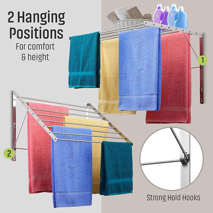 Smartsome | Wall Mounted | Clothes Drying Rack| 22" Wide |15 Linear Feet Capacity | 8 Smooth Round Stainless Steel Rods | 60 lb Capacity | Fully Assembled | Compact Sturdy Space-Saving Design