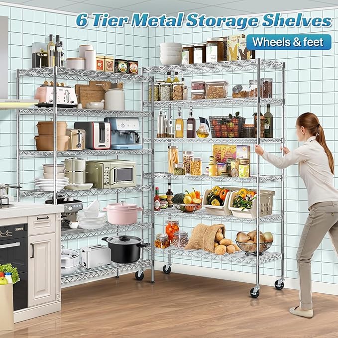 YRLLENSDAN 6 Tier Shelf Heavy Duty Metal Shelving Unit with Wheels, Adjustable Wire Storage Shelves 2100LBS Capacity, Garage Shelving for Pantry, Kitchen, Closet, Chrome, 18" D x 48" W x 82" H