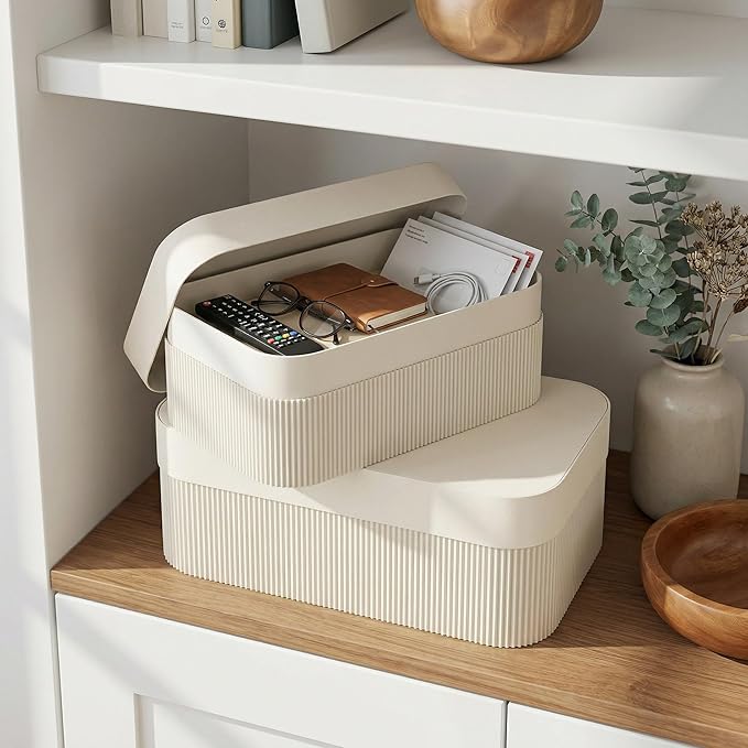 Decorative Storage Boxes with Lids – Set of 2 Beautiful Fluted Cardboard Organizer Bins for Your Home Bookshelf Decor to Safely Store Your Documents, Memory Box Items and Other Keepsakes in Style