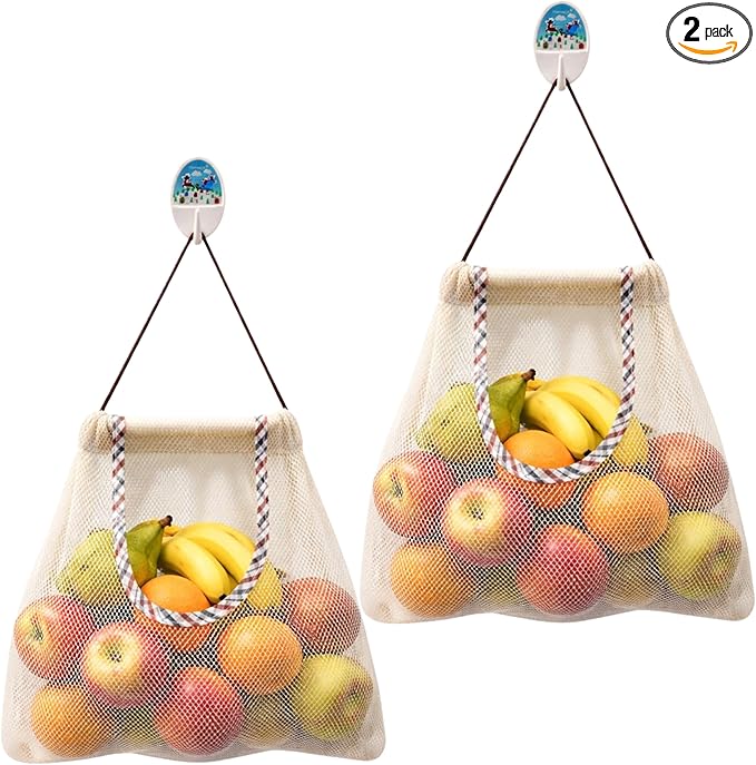 Durable Reusable Hanging Storage Mesh Bags for Fruits, Vegetables, Garlic, Ginger & Potatoes, Kitchen Storage Mesh Bag, Breathable Storage Bags for Pantry, Home Decor & Kitchen Decor (2 white bags)