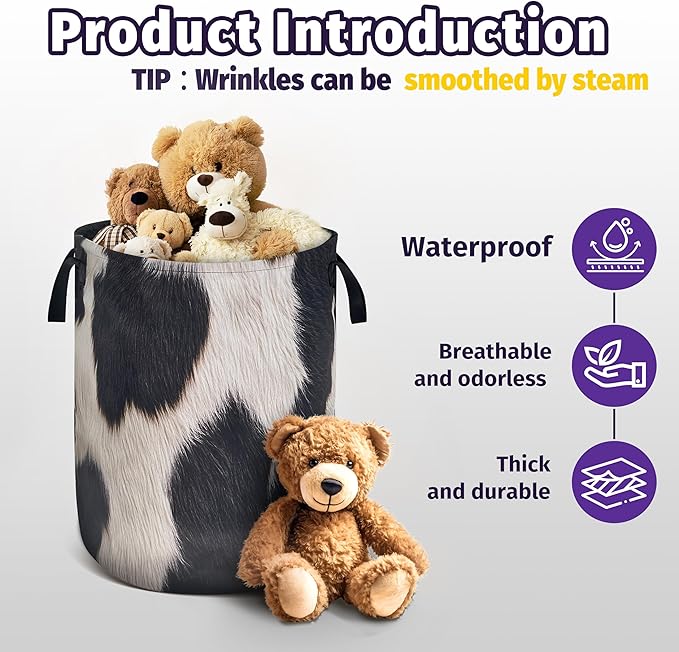 Fashion Cowhide Pattern Laundry Basket Foldable Oxford Cloth With Handle Portable Colorful Storage Basket Organizer Suitable For Laundry Room/Bedroom/Children'S Room (18.9 X 16.5 Inch)