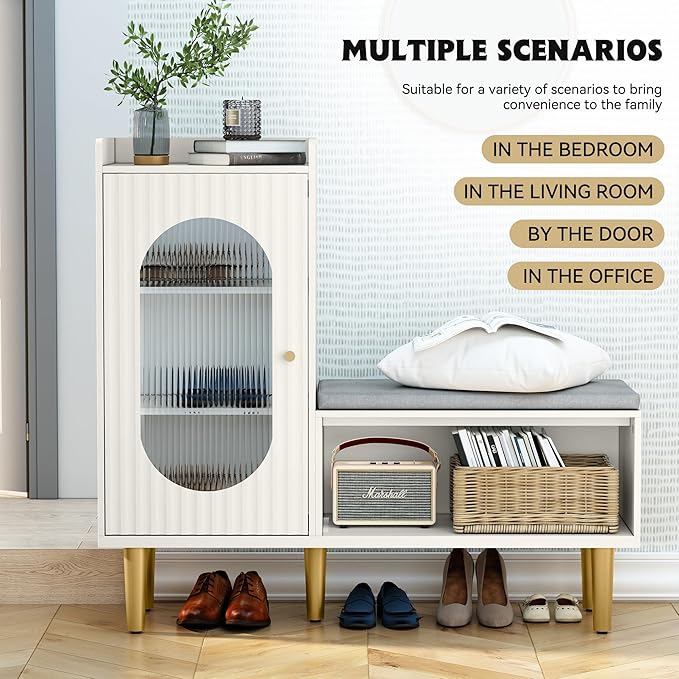 HLR Storage Bench with Glass Door&Shelf, Modern Entryway Shoe Cabinet Bench with Padded Seat, L-Shaped Storage Cabinet for Hallway, Bedroom, Living Room, Office, White