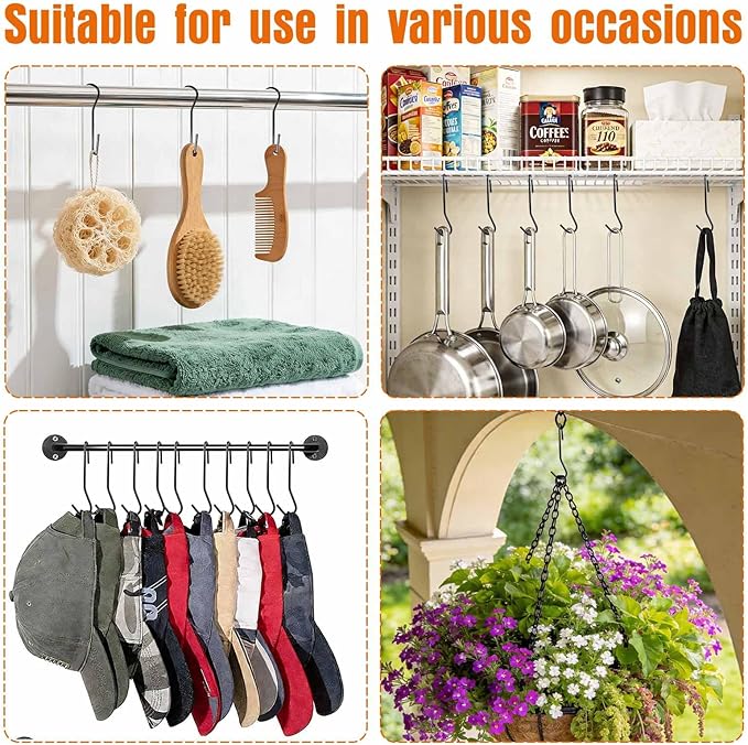12 Pack Heavy Duty S Hooks, Black Pot Rack Holder Hanger Hooks Wire Shelf Hooks for Hanging Kitchen Utensils, Pots, Pans, Clothes, Towels, Plants with 90 Degree Twist Angled