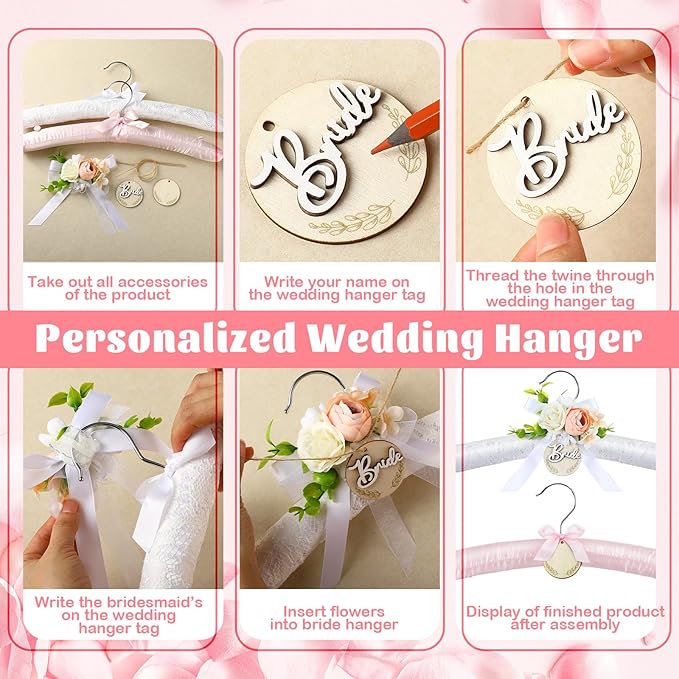 12 Pcs Satin Padded Hangers for Women Clothing White Lace Bride Hangers with Anti Rust Shoulder Hook Non-Slip Buttons and Customizable Tags for Hanging Dresses Sweaters Suits Party Supplies