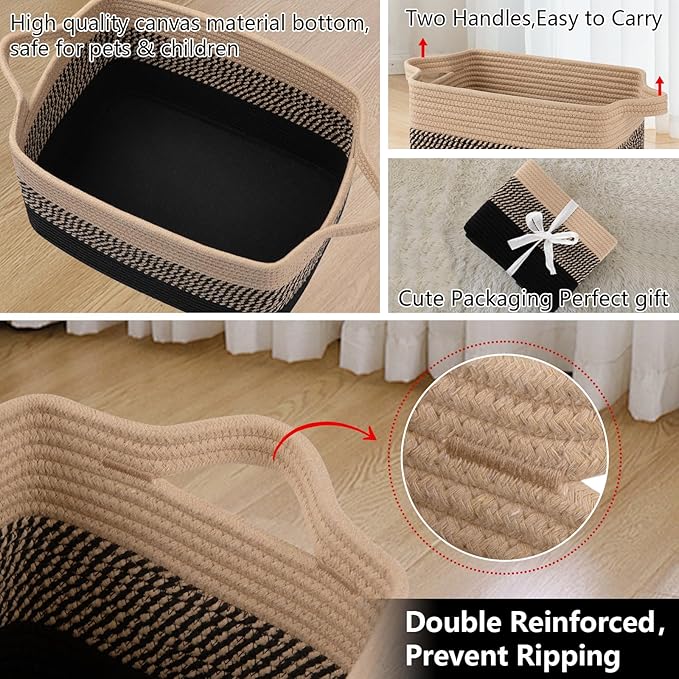 OIAHOMY Woven Storage Basket for Shelves, Rectangle Cotton Rope Baskets for Organizing, 13 x 10 x 9 in, Storage Bins for Dog Toys,Towel,Books,Gift,Gradient Black Brown