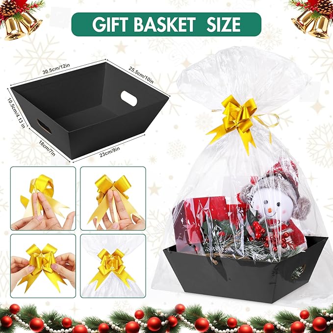 AFOROEOA 6PACK Black Baskets For Gifts Empty, 10x12”Thick Black Gift Basket with 6 Bows 6 Bags Empty Gift Baskets for Christmas Thanksgiving Wedding Birthday Party Wrapping Gift