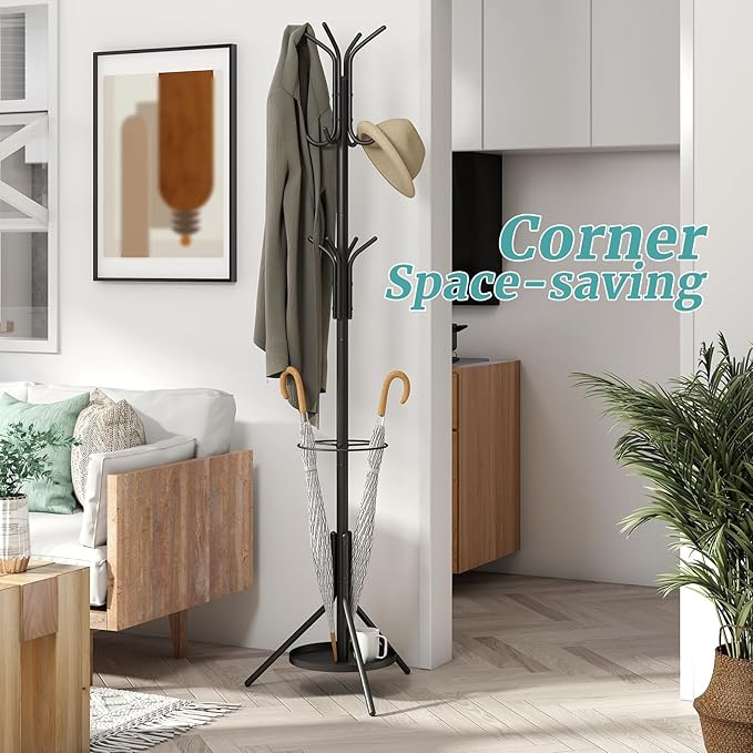 Black Coat Rack, Coat Rack Freestanding with Umbrella Holder, Adjustable Height Shelf with 12 Hooks, Used In The Bedroom, Living Room, Office To Hang Clothes, Hats, Bags