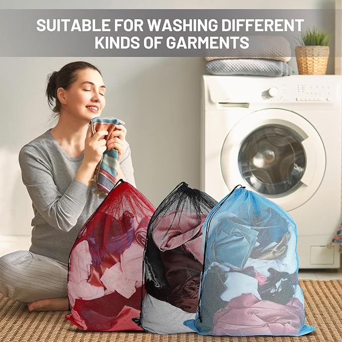 Berlune 24 Pcs 32x24 in Large Laundry Bag Colorful Extra Large Mesh Laundry Bag Bulk with Drawstring Heavy Duty Mesh Machine Washable Drawstring Pouch