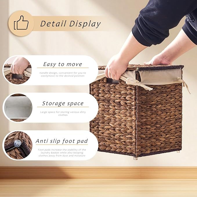Mini Handwoven Laundry Basket with Lid, Natural Water Hyacinth Storage Basket with Handle, Removable Cotton Liner, Durable and Stylish for Bedroom, Bathroom, Laundry Room