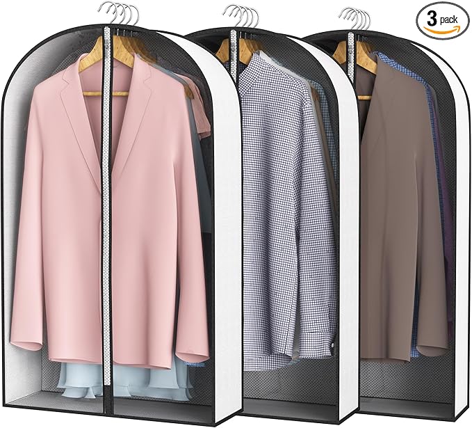 40” Garment Bags for Hanging Clothes 4” Gusseted - with Clear Window, Breathable Fabric, Metal Zipper, Suit Coat Dress Protector for Clothes Closet storage, Season Off, Moving, 3 Pack