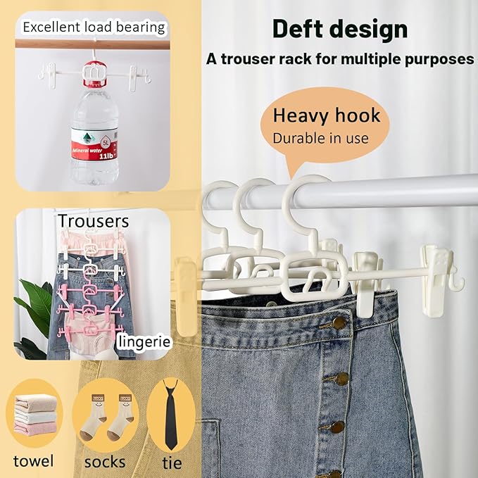 18 Pack Multi-Functional Stackable Smooth White Plastic Pants Hanger with Clip, Non-Slip Adjustable Clip Distance, 360° Rotating Hook, to Meet The Clothing of Multiple Ages,Space Saving