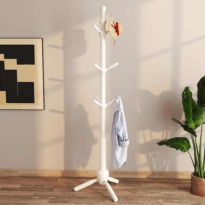 Solid Coat Rack Stand, Coat Rack Freestanding with 9 Hooks and Adjustable 3 Heights, Tree Coat Stand with Triangle Base for Entryway, Bedroom, Hallway, White